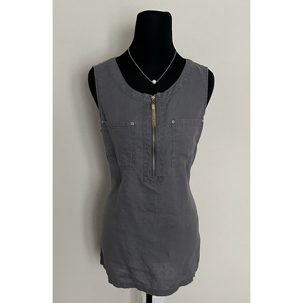 Ellen Tracy 100% Linen Top Size S Gray Gold Zip Tunic Tank - Picture 2 of 14
